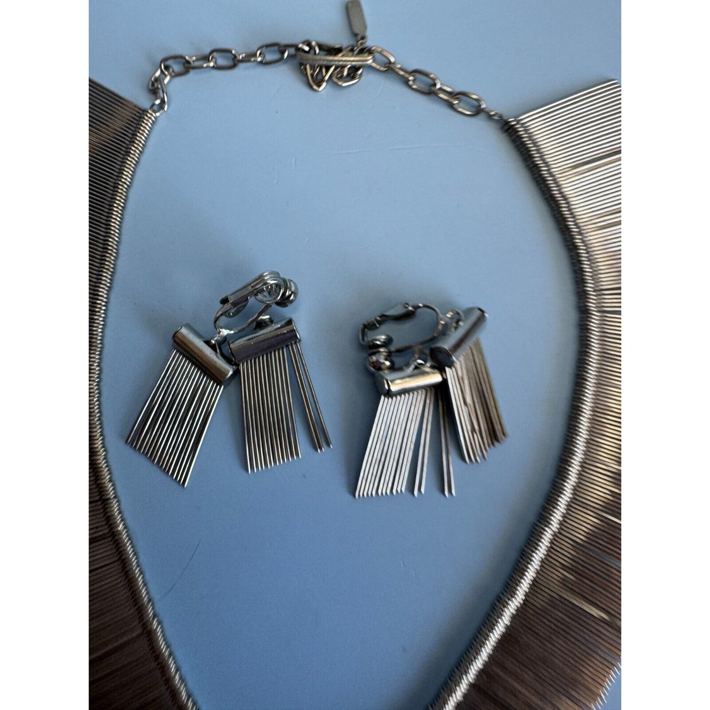 Vintage Silverplate Modernistic Fringe Necklace and Matching Clip Earrings C1970