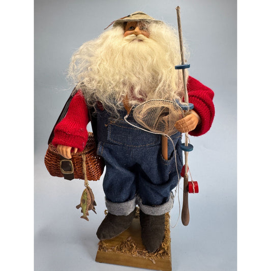 Fishing Santa Figurine 15.5" Tall With Accessories Including Basket Net & Rod On Wooden Base