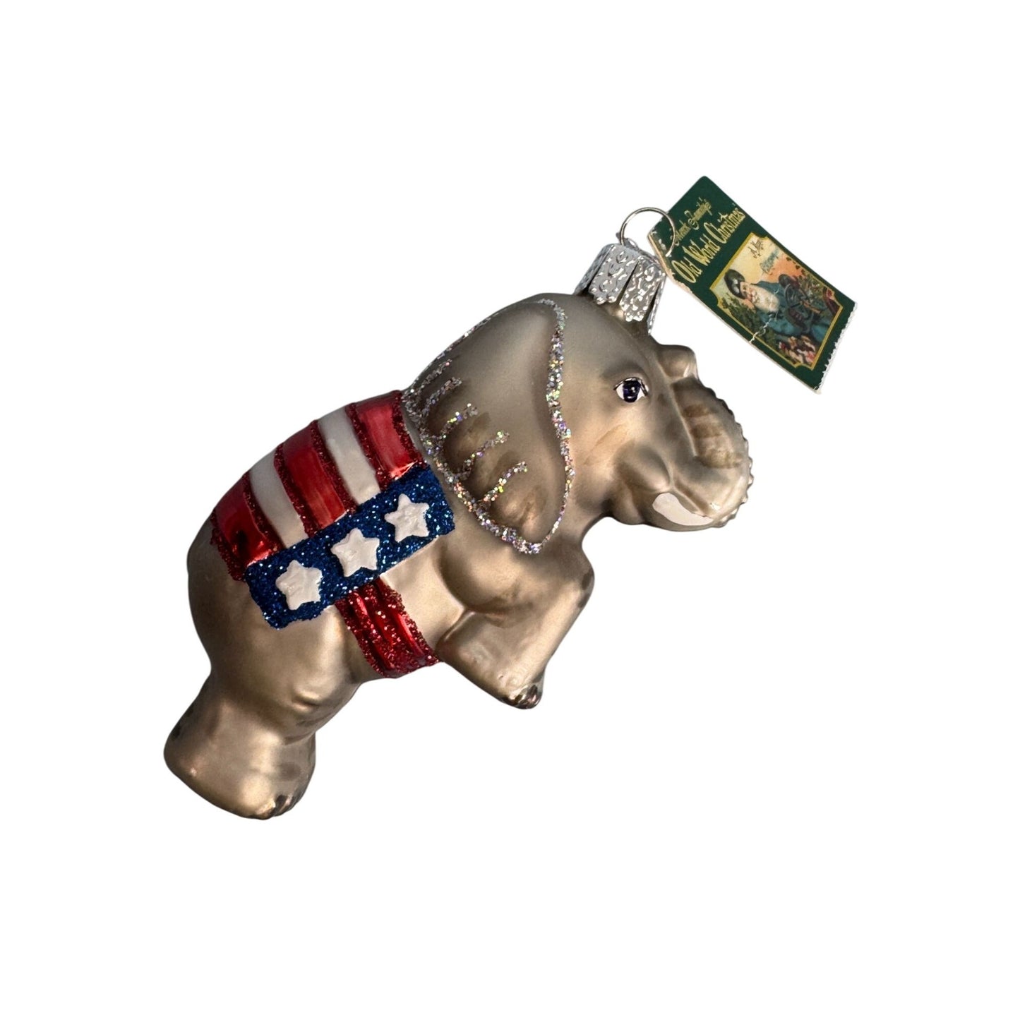 Old World Christmas Patriotic Elephant Ornament 4.5" Glass Glittered