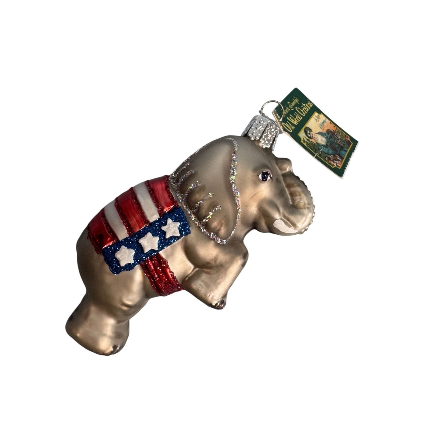 Old World Christmas Patriotic Elephant Ornament 4.5" Glass Glittered