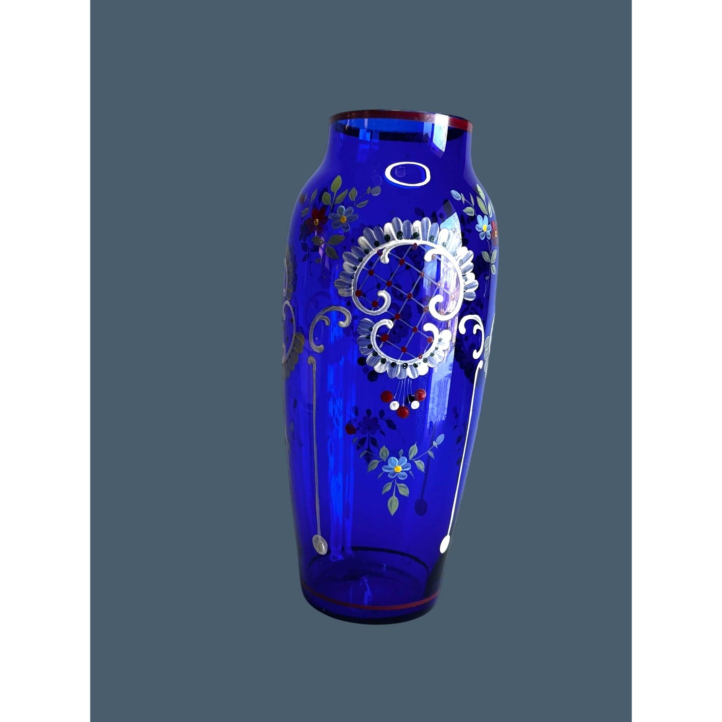 Bohemian Style Hand Painted Cobalt Blue Glass Vase Floral Enamel 8.5