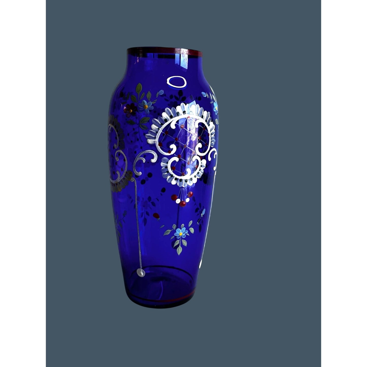 Bohemian Style Hand Painted Cobalt Blue Glass Vase Floral Enamel 8.5