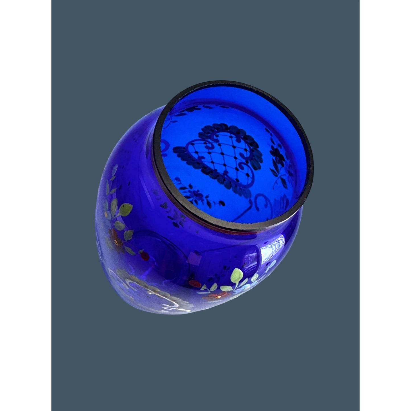 Bohemian Style Hand Painted Cobalt Blue Glass Vase Floral Enamel 8.5