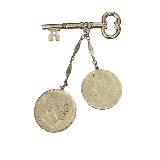 Vintage Gold-Toned Key Brooch With Dangling Coin Charms Intricate Details Retro
