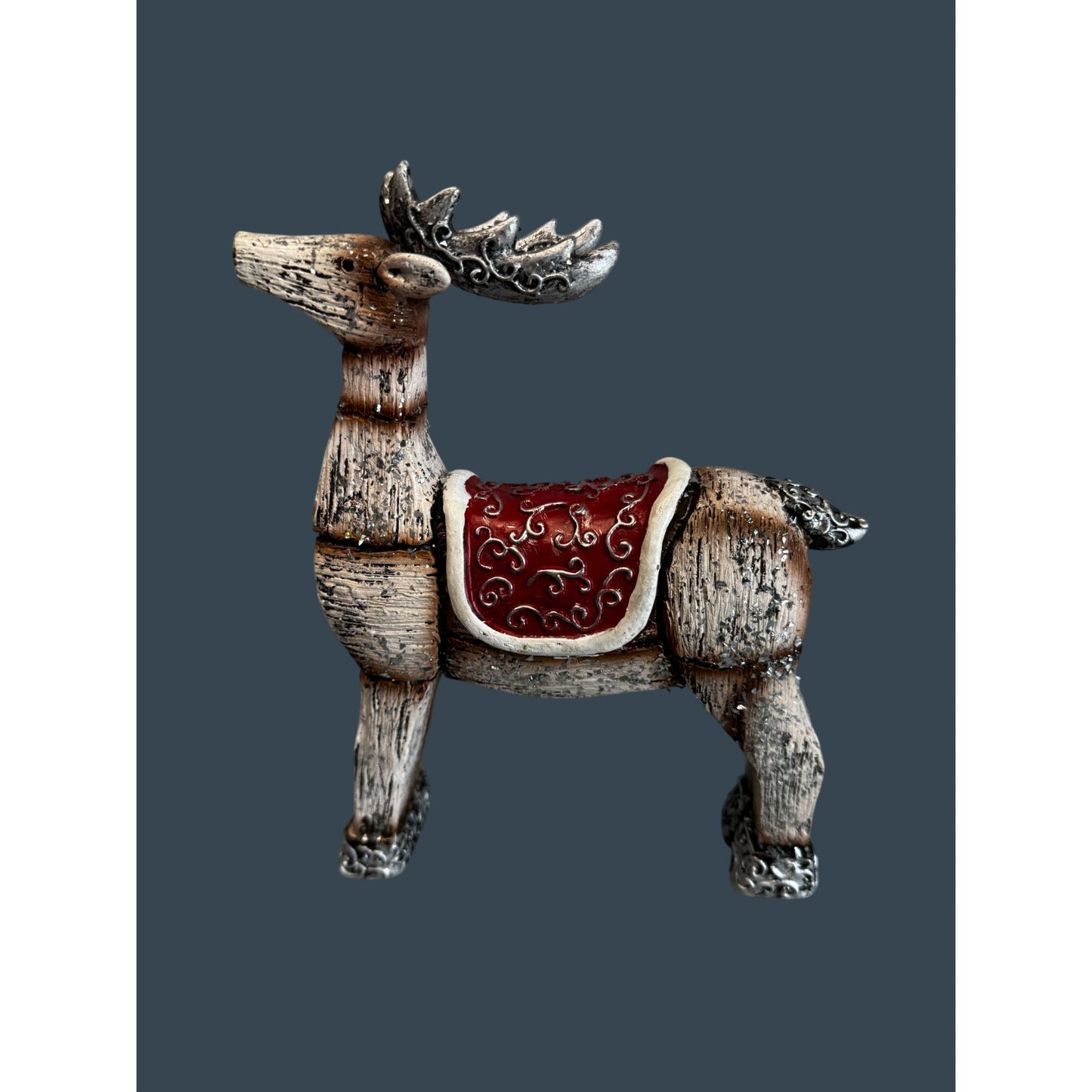 Rustic Faux Carved Reindeer Figurine Red Saddle Silver Trim Christmas Decor 9"