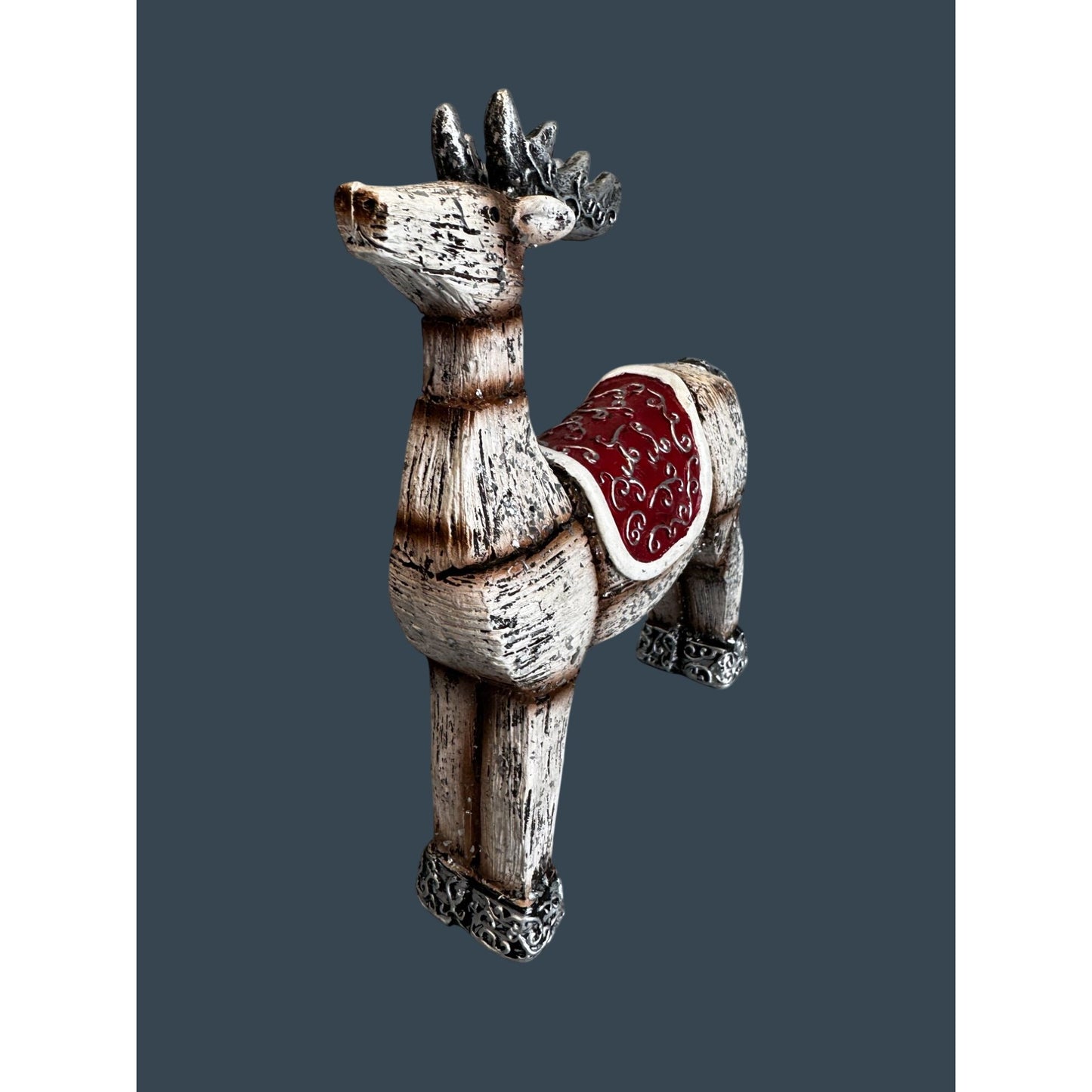 Rustic Faux Carved Reindeer Figurine Red Saddle Silver Trim Christmas Decor 9"