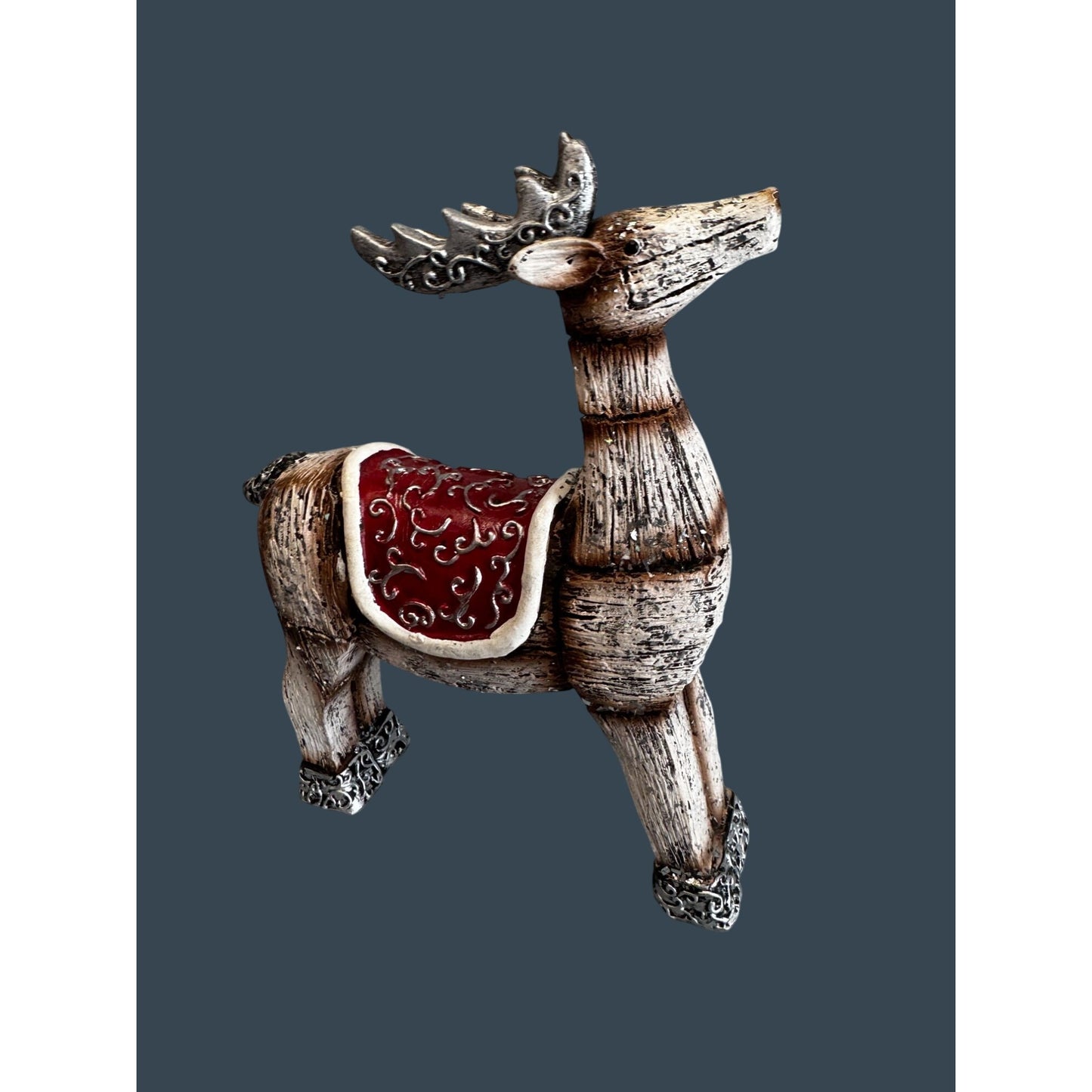 Rustic Faux Carved Reindeer Figurine Red Saddle Silver Trim Christmas Decor 9"