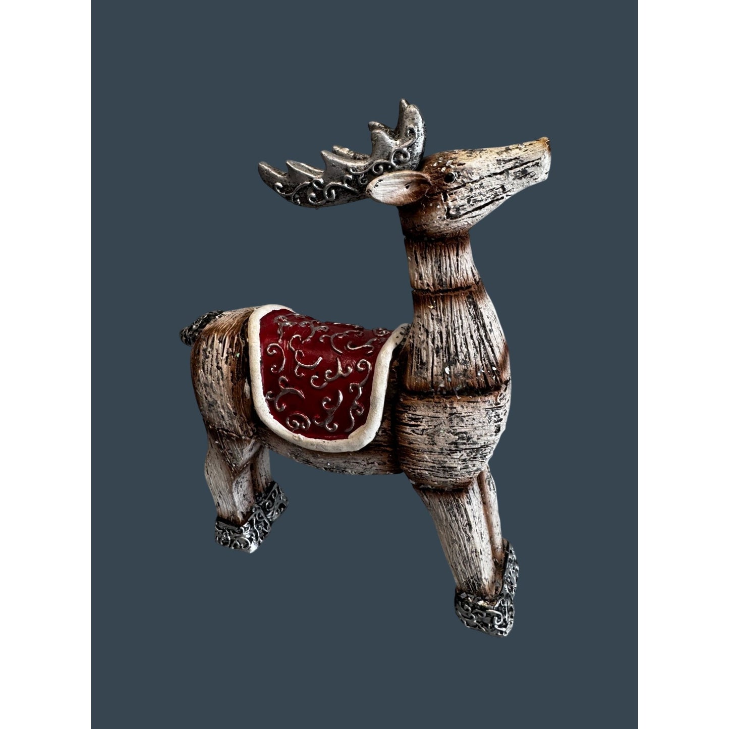 Rustic Faux Carved Reindeer Figurine Red Saddle Silver Trim Christmas Decor 9"