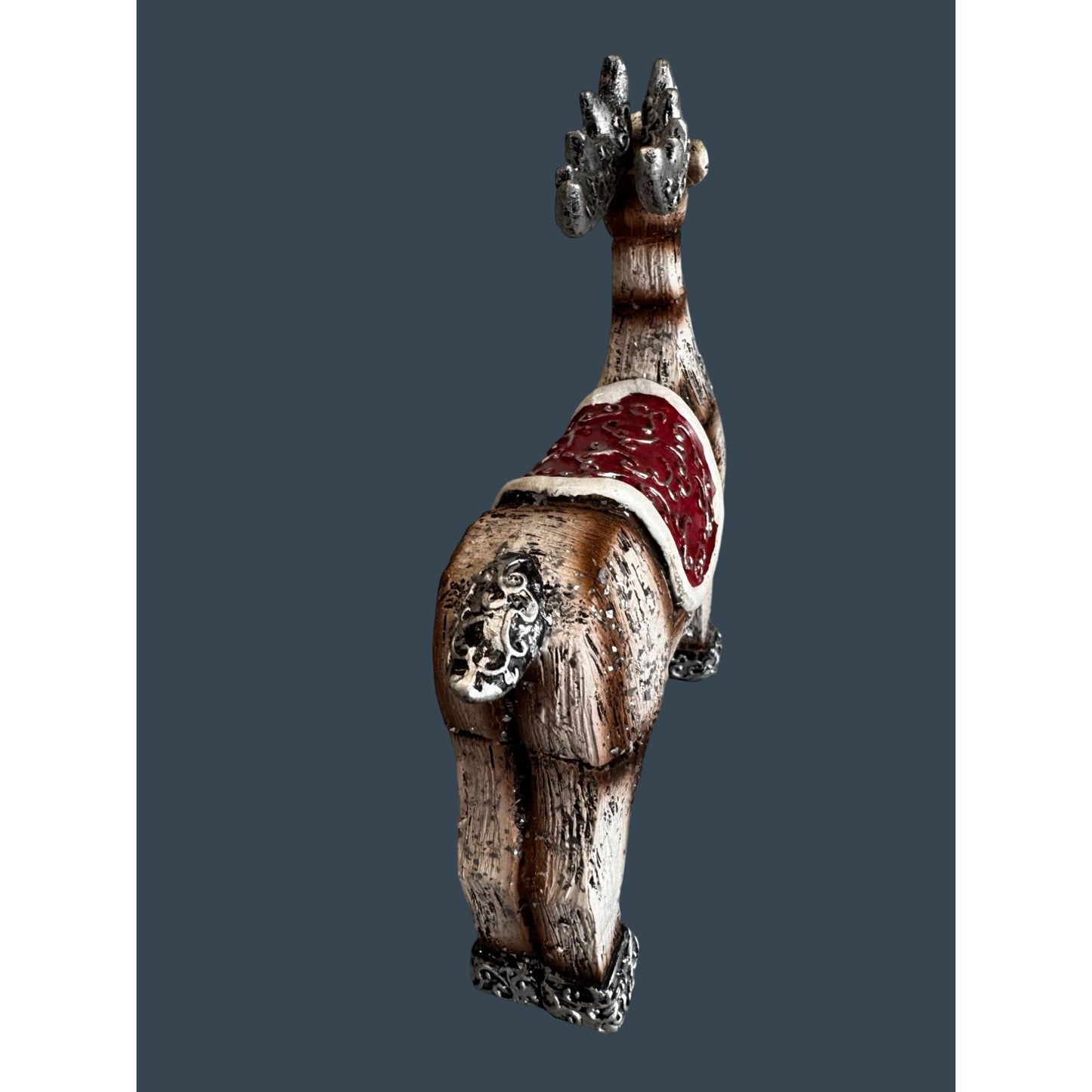 Rustic Faux Carved Reindeer Figurine Red Saddle Silver Trim Christmas Decor 9"
