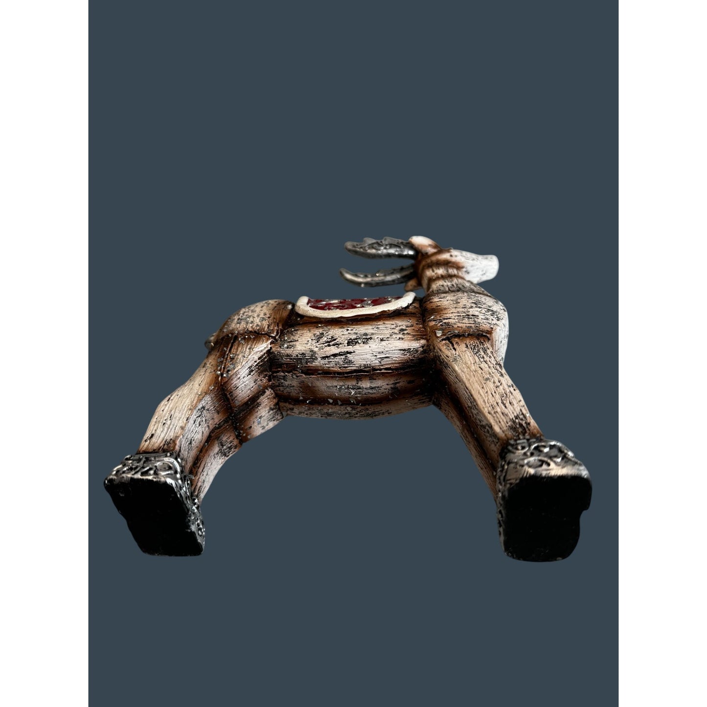 Rustic Faux Carved Reindeer Figurine Red Saddle Silver Trim Christmas Decor 9"