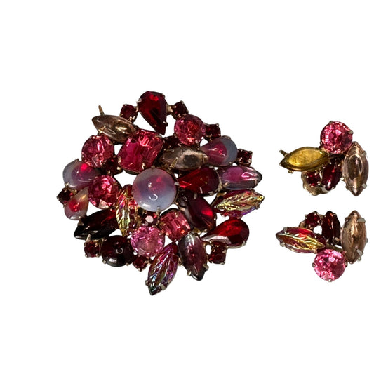 Vintage Juliana Style Brooch Earrings Set w/Givre Molded Red Pink Rhinestones