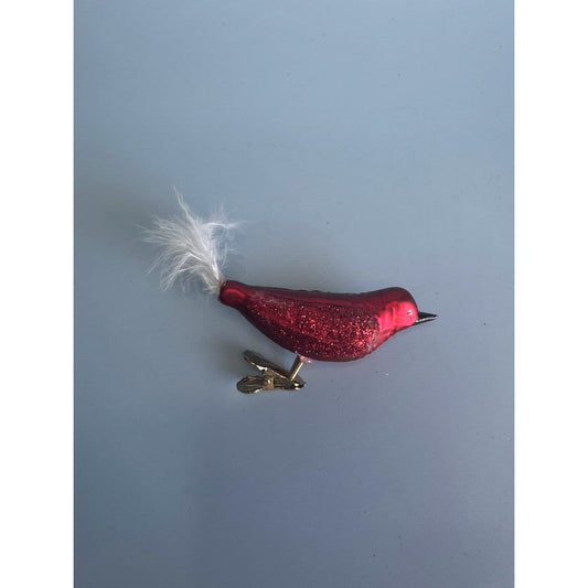 Vintage Blown Glass Red Glittered Clip-On Feathered Bird Christmas Ornament 4"