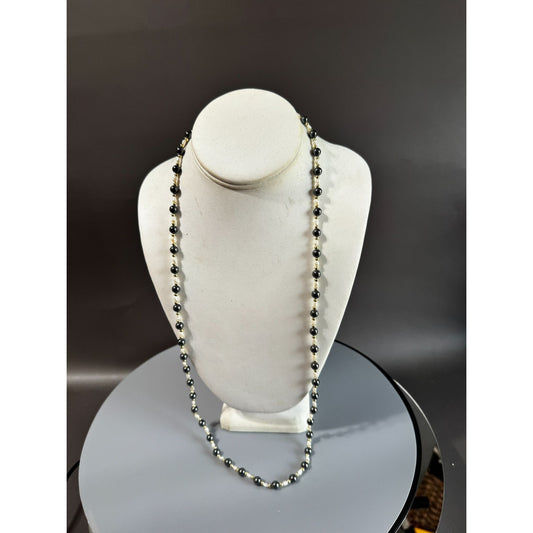 28" Freshwater Pearl and Black Glass Bead Necklace Gold Tone Spacers
