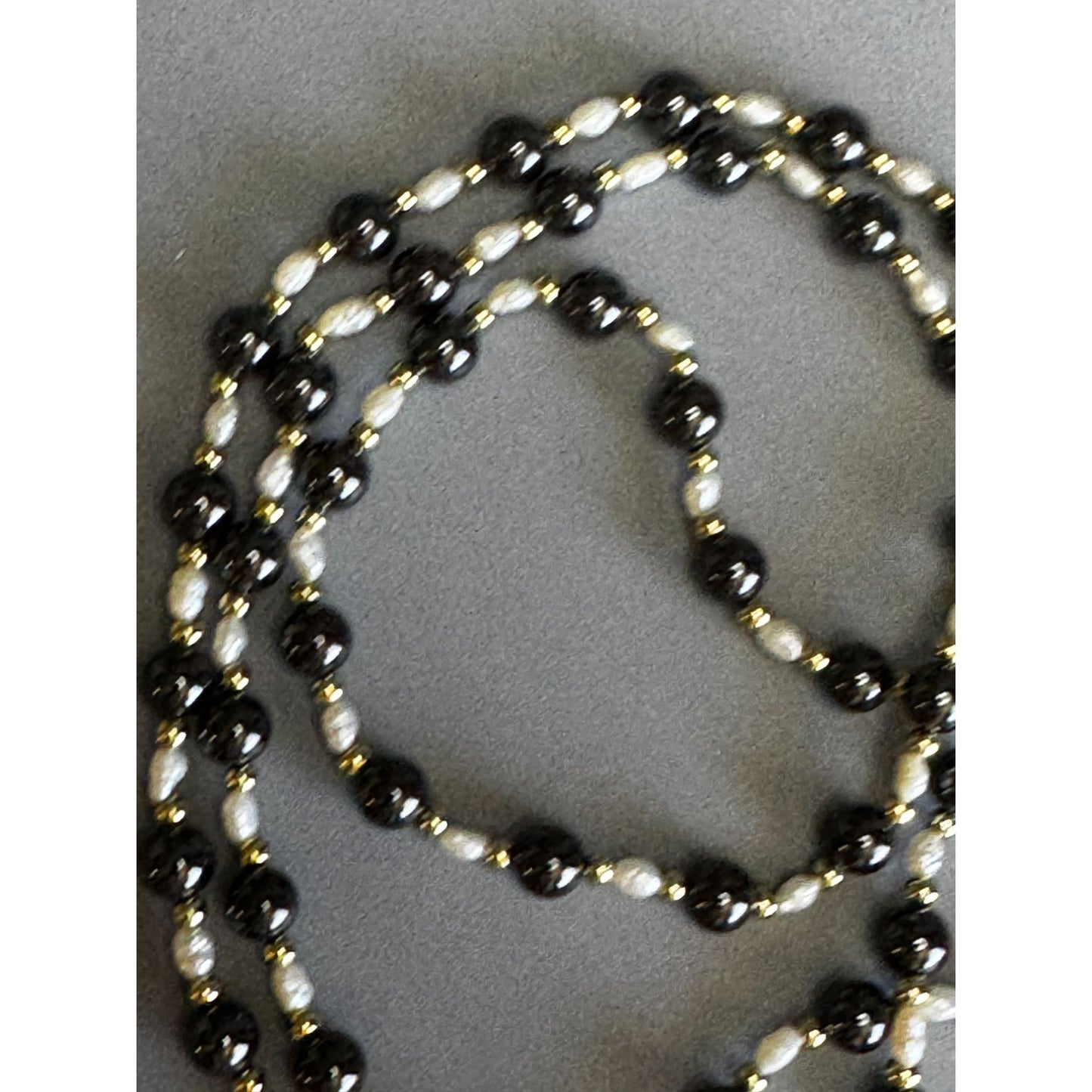 28" Freshwater Pearl and Black Glass Bead Necklace Gold Tone Spacers