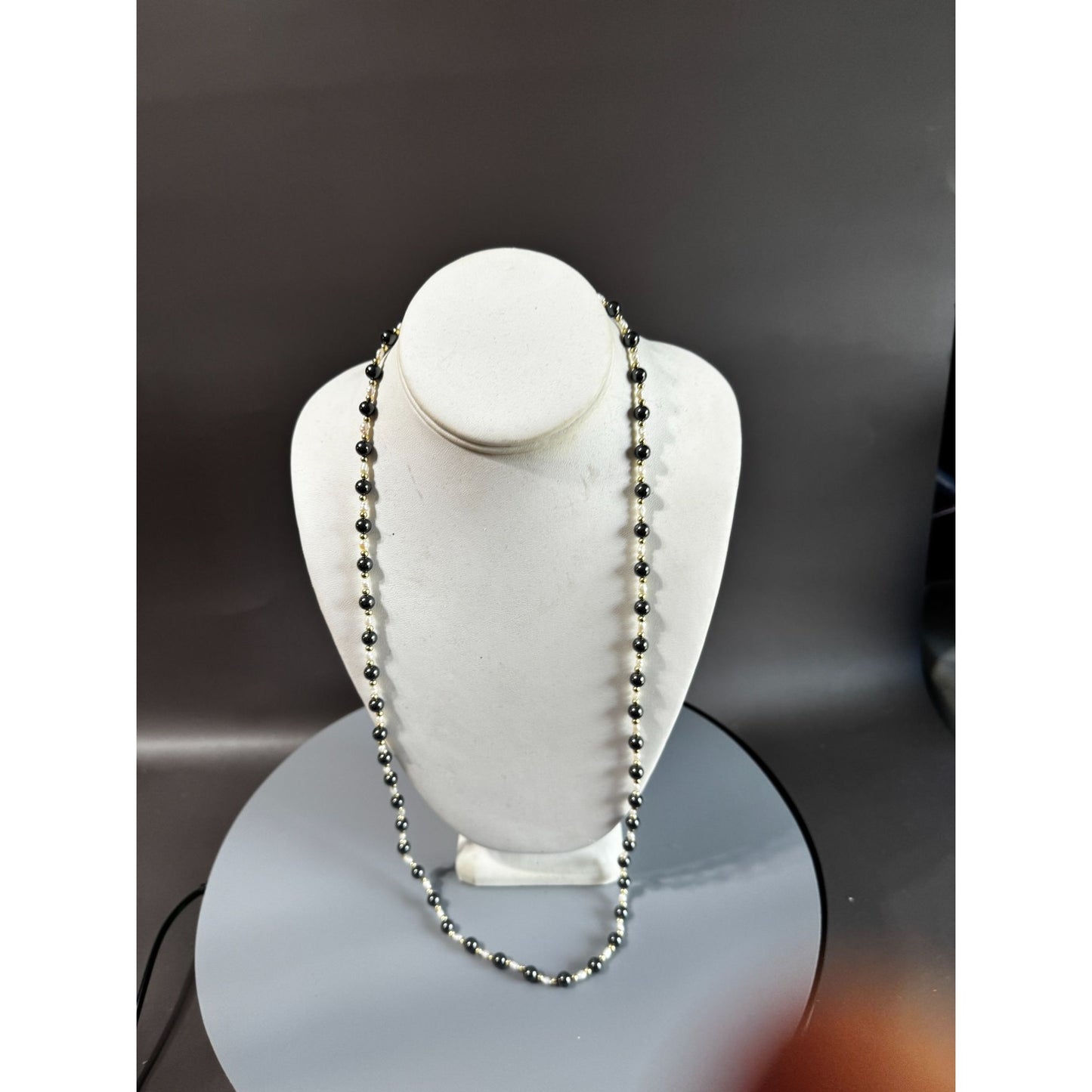 28" Freshwater Pearl and Black Glass Bead Necklace Gold Tone Spacers