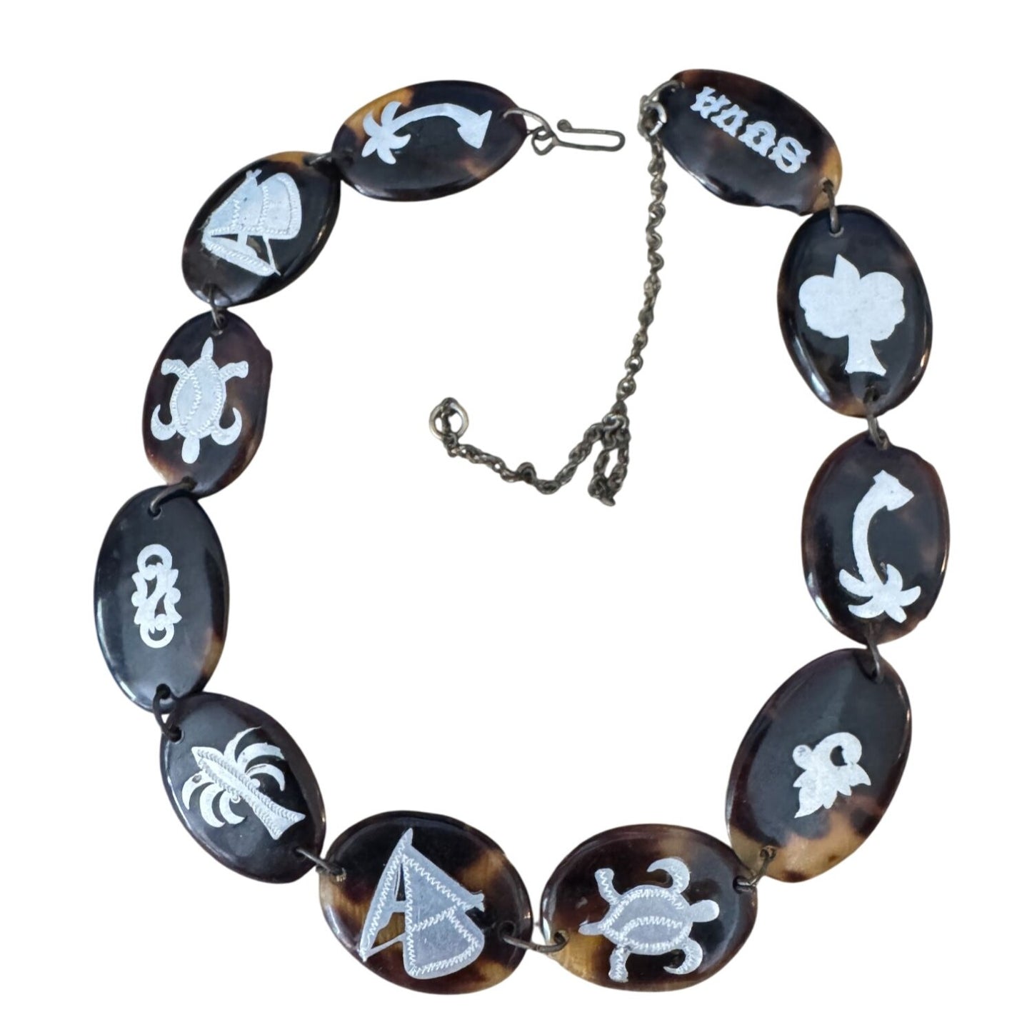 Suva Necklace Tropical Theme Brown & Silver Turtleshell & Chain 15 Inches