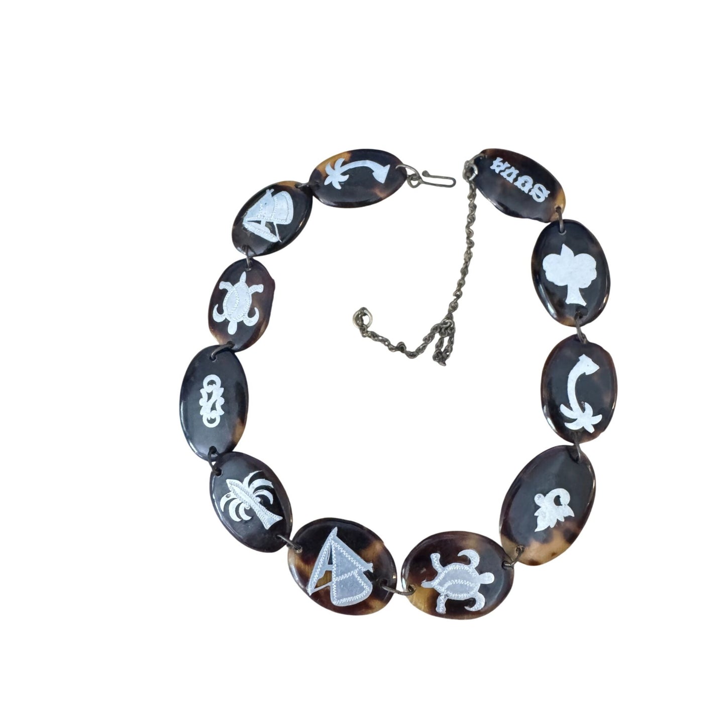 Suva Necklace Tropical Theme Brown & Silver Turtleshell & Chain 15 Inches