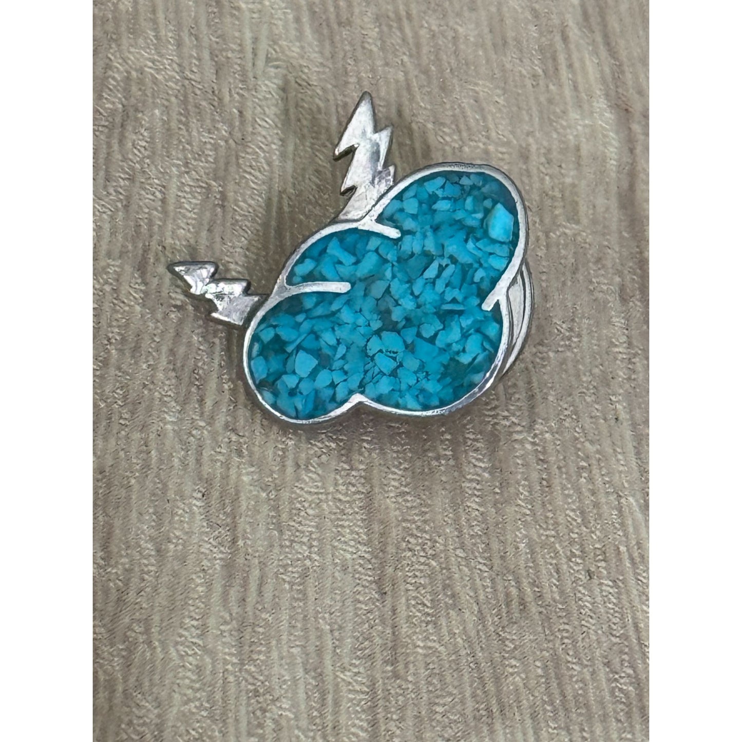 Turquoise Inlay Cloud & Lightning Bolt Silver Lapel Pin