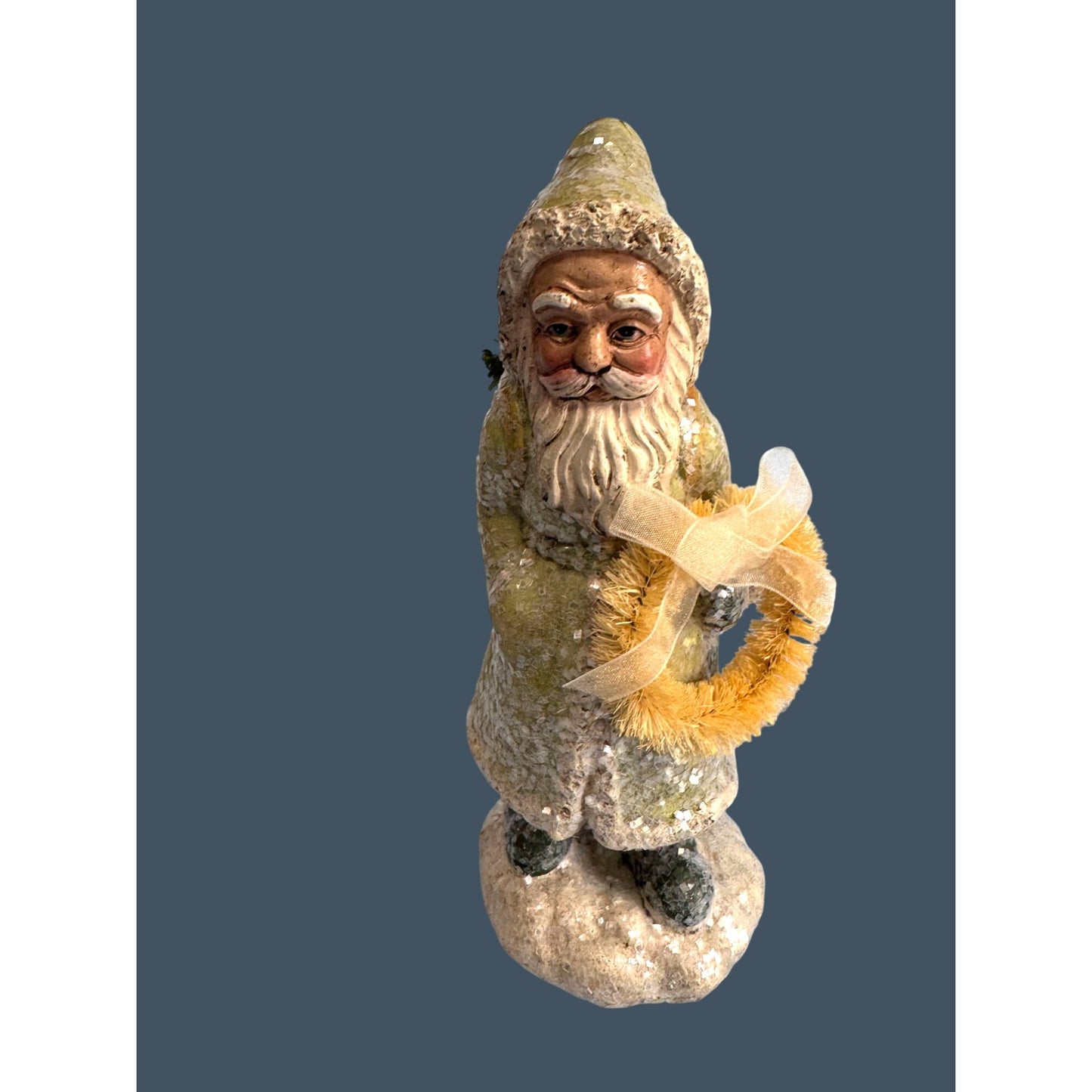 Folk Art Santa Figurine By Teena Flannery With Bottle Brush Wreath Unsigned