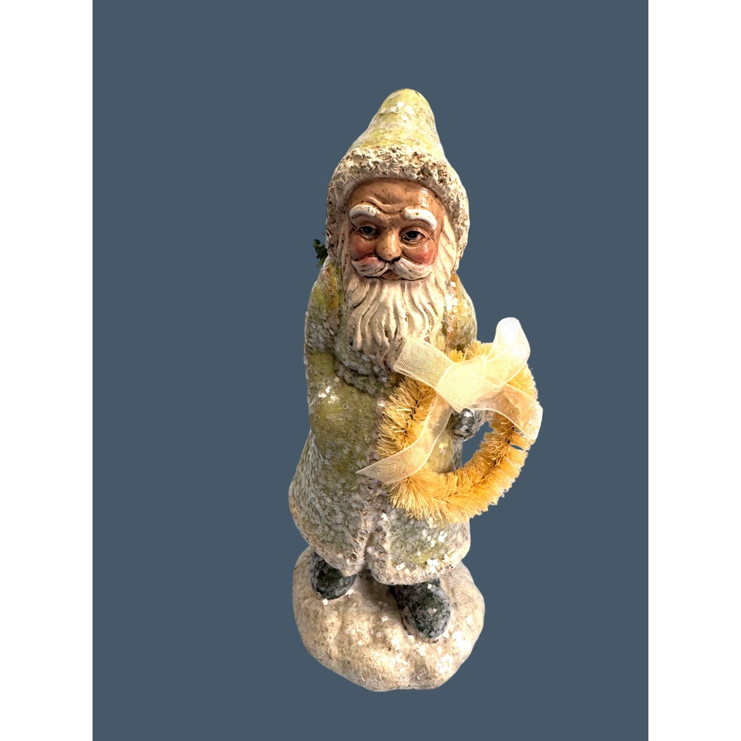 Folk Art Santa Figurine By Teena Flannery With Bottle Brush Wreath Unsigned