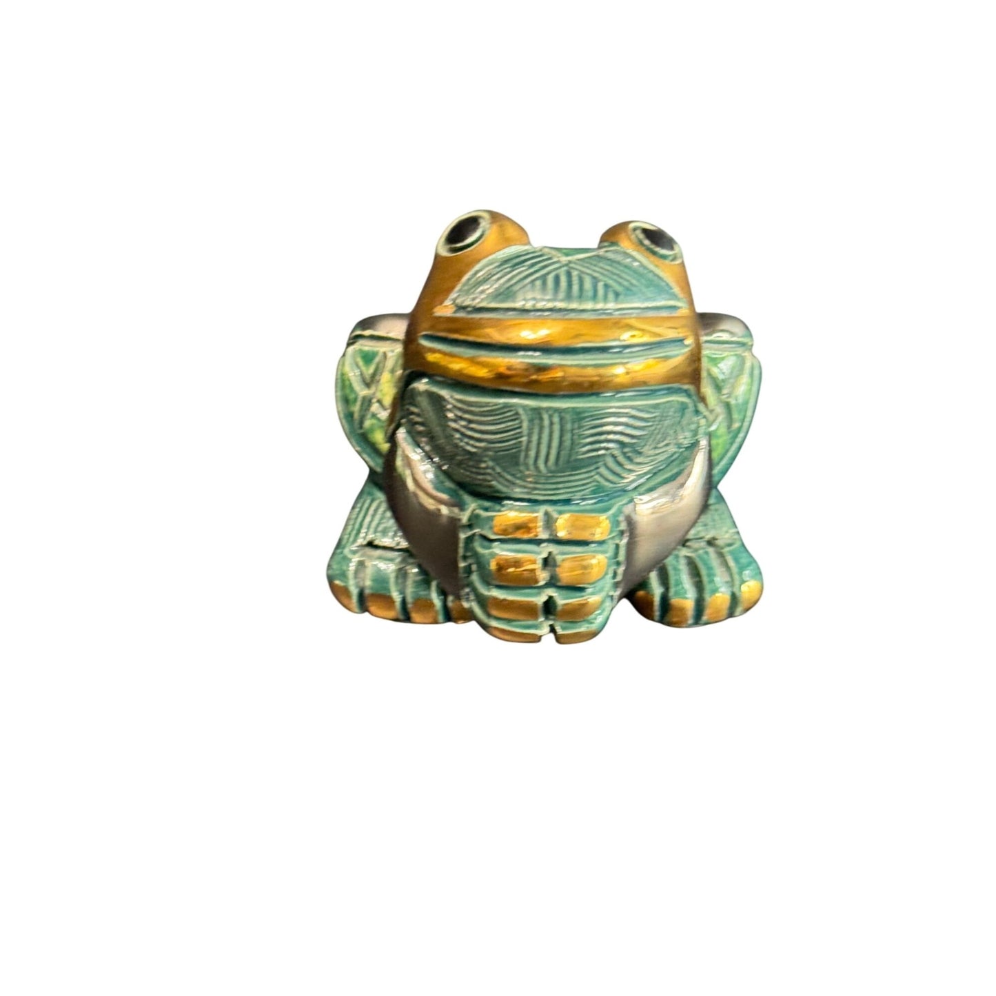 Vintage DeRosa Artesania Rinconada Frog Figurine #713 14K Gold & Platinum Trim Ceramic Uruguay Collectible Decoration