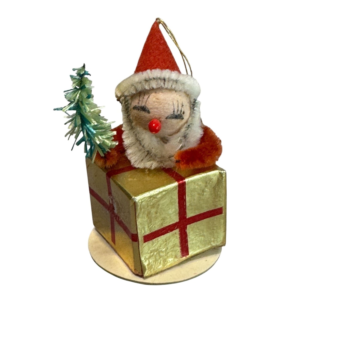 Chenille Pipecleaner Elf on Present Ornament Gold Red  2 1/2 Inches Vintage
