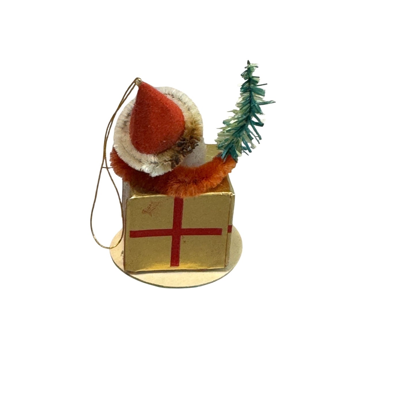 Chenille Pipecleaner Elf on Present Ornament Gold Red  2 1/2 Inches Vintage