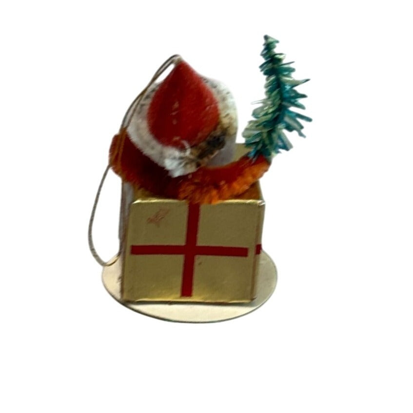 Chenille Pipecleaner Elf on Present Ornament Gold Red  2 1/2 Inches Vintage