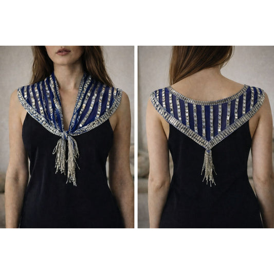 Blue Mesh Silver Sequin Glass Beaded Triangle Shawl Wrap Fringe 23"
