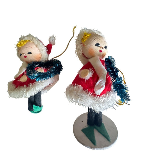 Midcentury Japan Chenille Girls Christmas Ornaments with Wreaths 4.5" Rare