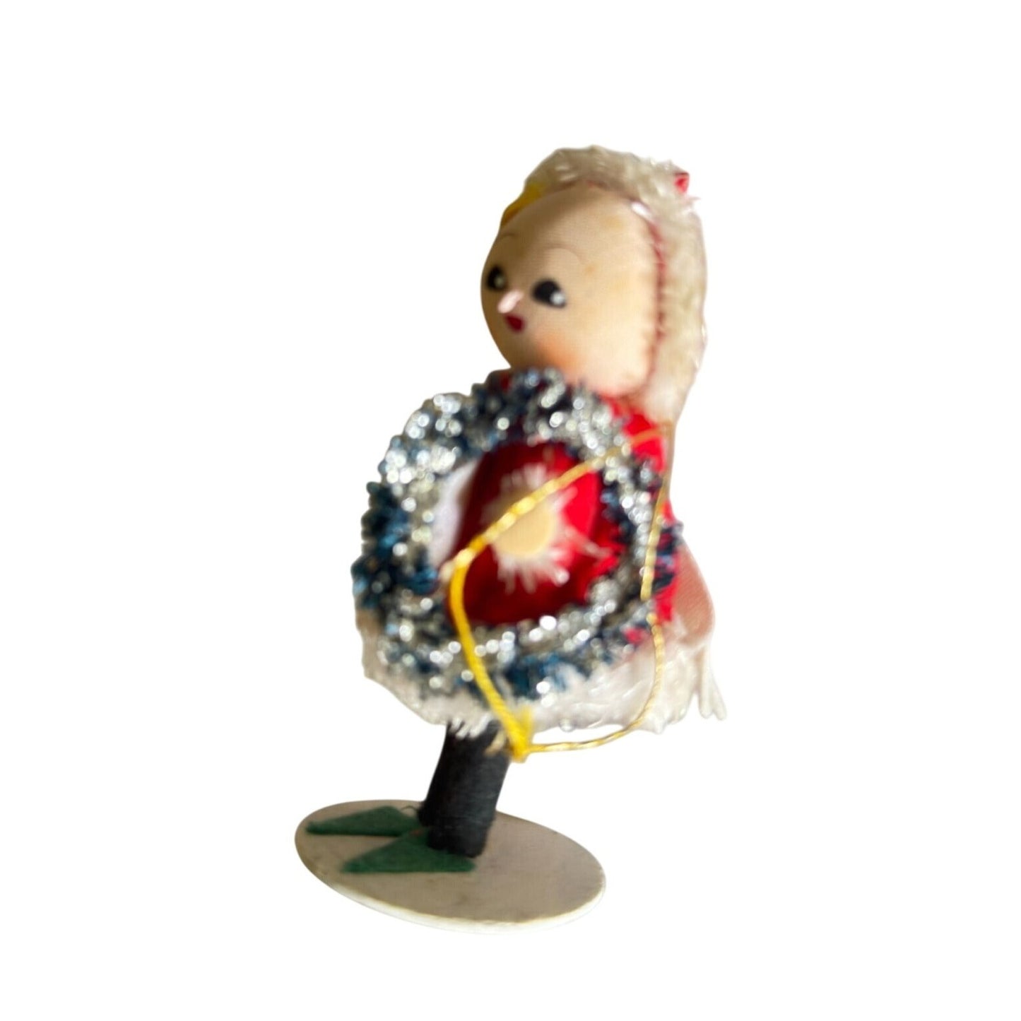Midcentury Japan Chenille Girls Christmas Ornaments with Wreaths 4.5" Rare