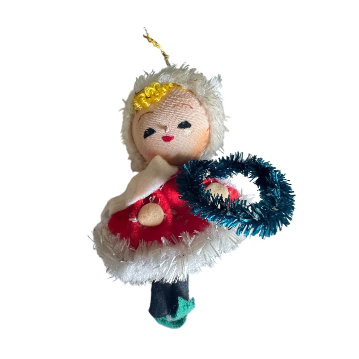 Midcentury Japan Chenille Girls Christmas Ornaments with Wreaths 4.5" Rare
