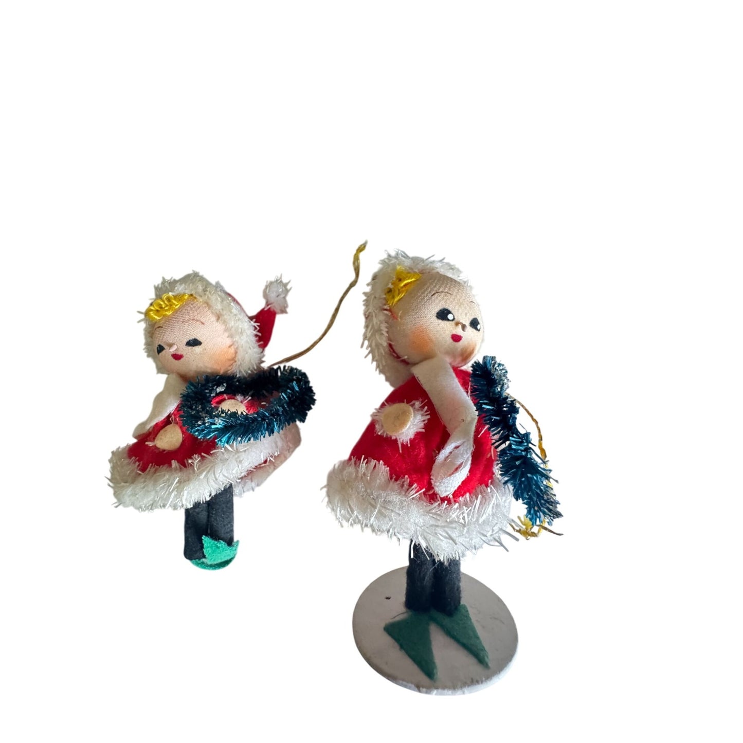 Midcentury Japan Chenille Girls Christmas Ornaments with Wreaths 4.5" Rare