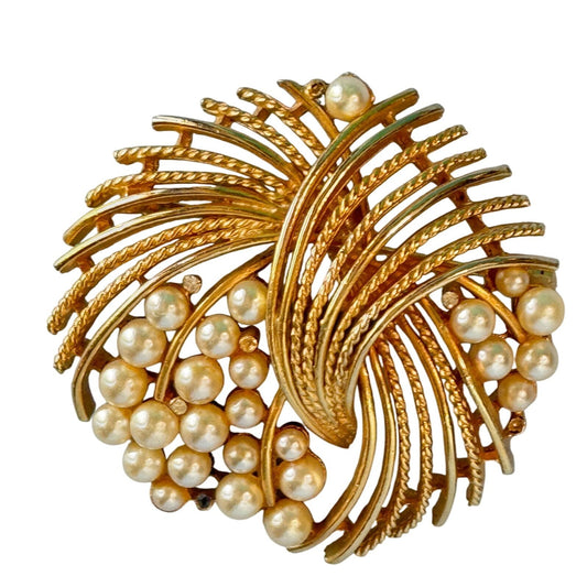 Vintage Lisner Midcentury Gold-Tone Brooch With Faux Pearls
