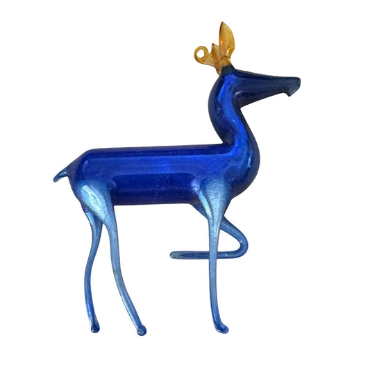 Bimini Lauscha Germany Glass Deer Figurine Cobalt Blue Amber Antlers 4"x3.5"