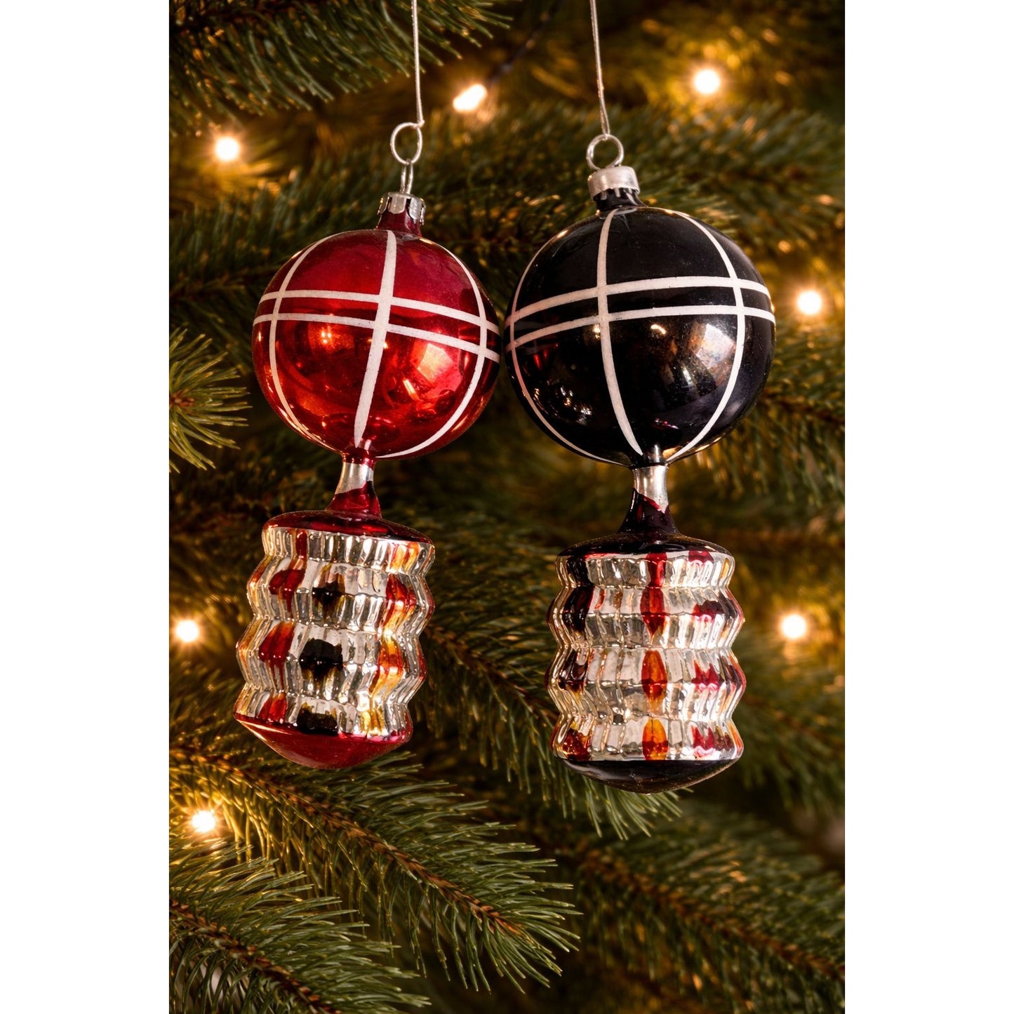 2 Vintage German Glass Hot Air Balloon Ornaments Red Black Silver Ribbed 4.5"