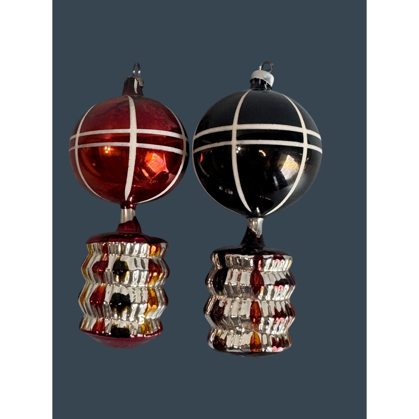 2 Vintage German Glass Hot Air Balloon Ornaments Red Black Silver Ribbed 4.5"