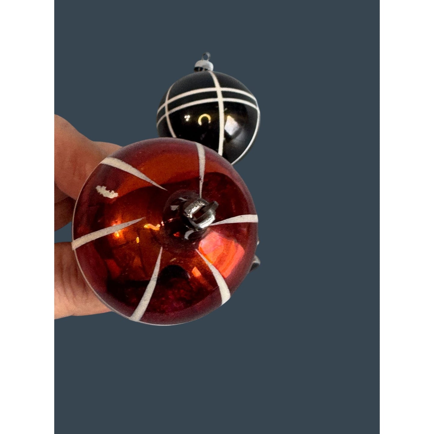 2 Vintage German Glass Hot Air Balloon Ornaments Red Black Silver Ribbed 4.5"