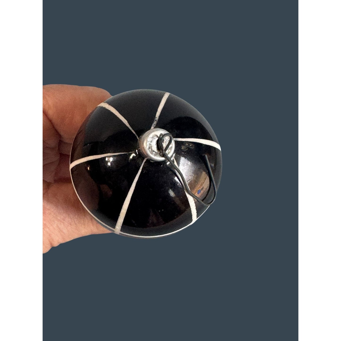 2 Vintage German Glass Hot Air Balloon Ornaments Red Black Silver Ribbed 4.5"