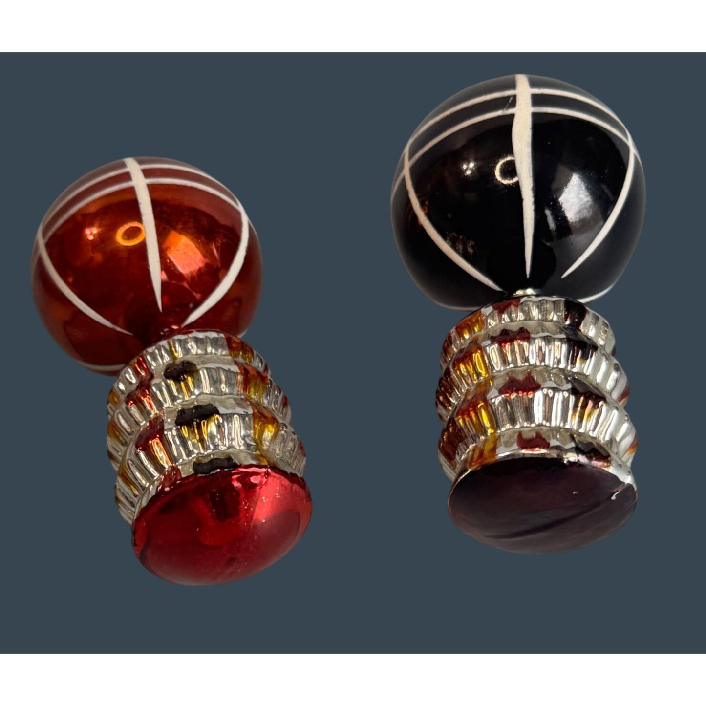 2 Vintage German Glass Hot Air Balloon Ornaments Red Black Silver Ribbed 4.5"