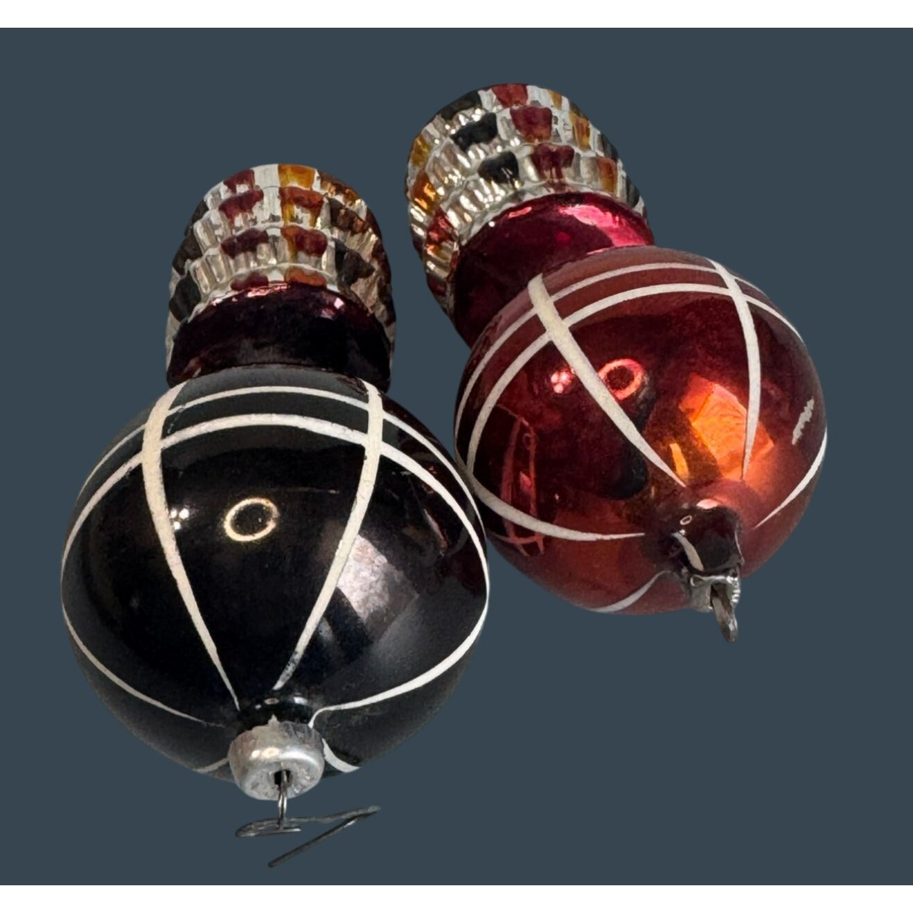 2 Vintage German Glass Hot Air Balloon Ornaments Red Black Silver Ribbed 4.5"