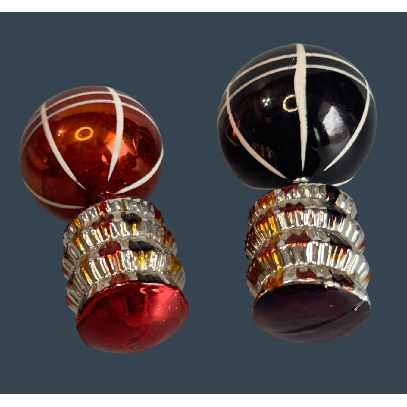 2 Vintage German Glass Hot Air Balloon Ornaments Red Black Silver Ribbed 4.5"