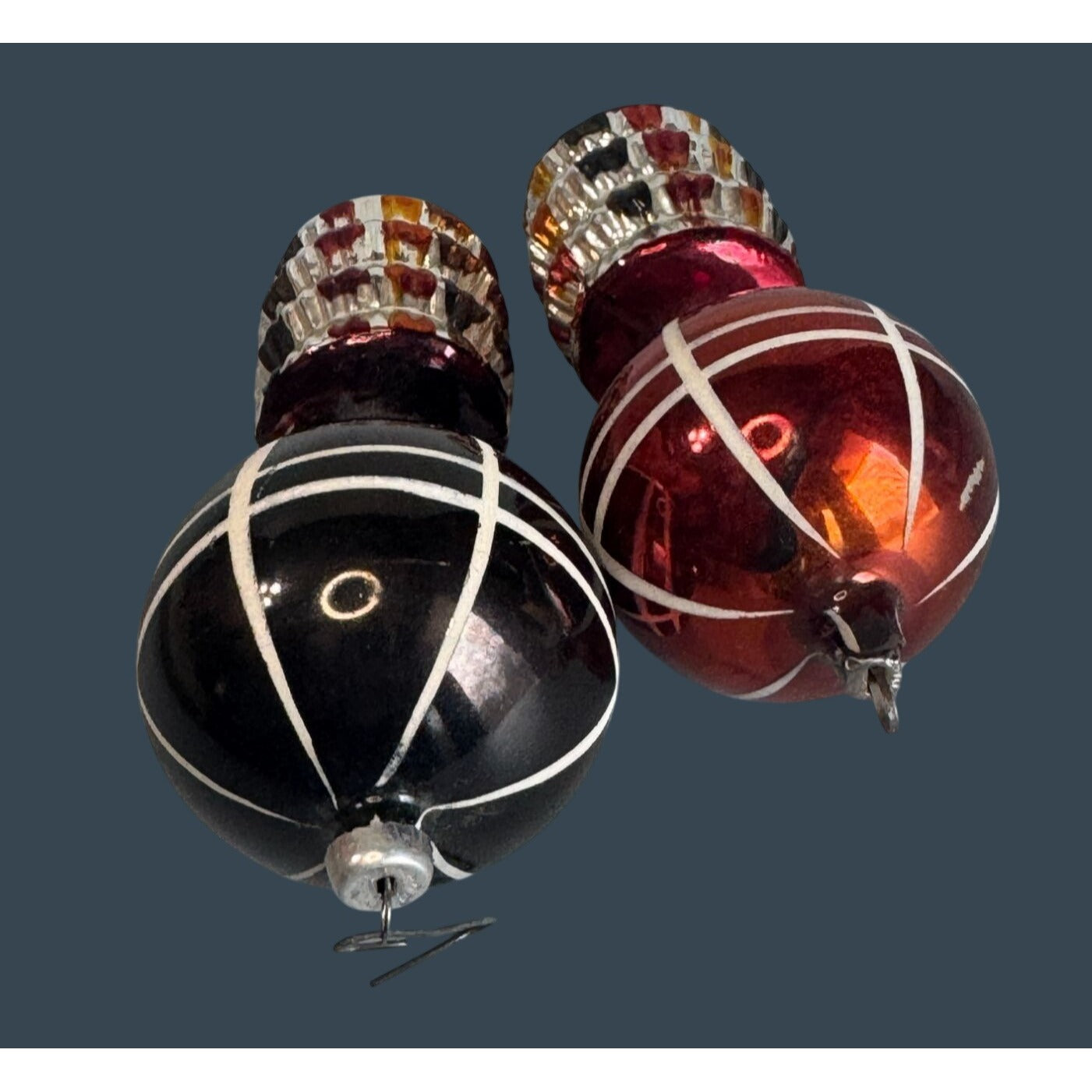 2 Vintage German Glass Hot Air Balloon Ornaments Red Black Silver Ribbed 4.5"