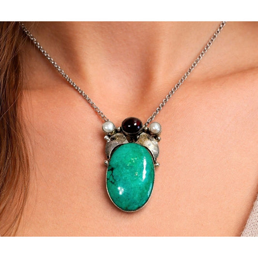 Vintage 925 Sterling Southwestern Green Howlite Pendant With Amethyst Accent