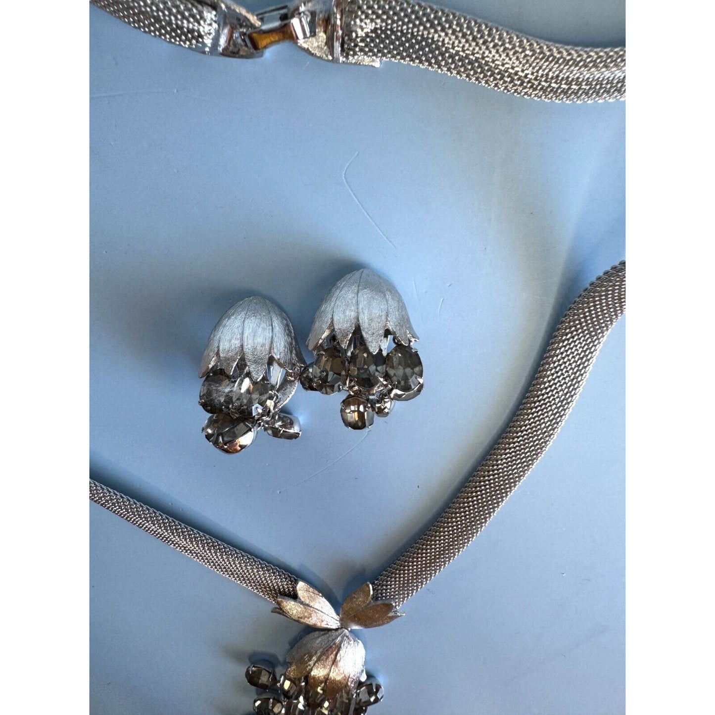 Vintage Silver Tone Mesh Necklace & Clip-On Earrings Set With Smokey Rhinestone Grape Cluster Waterfall Design