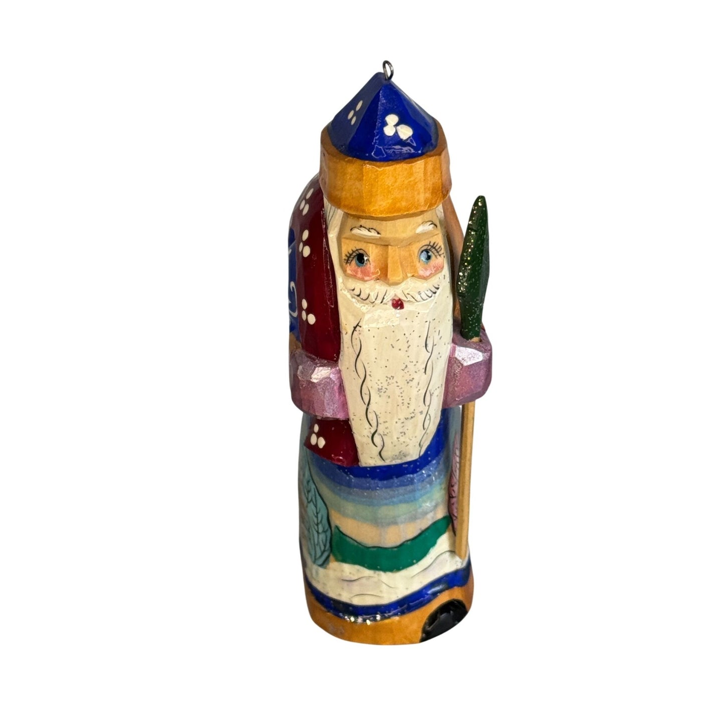 Hand Carved Russian Ded Moroz Father Frost Santa Ornament Signed 4 1/2"