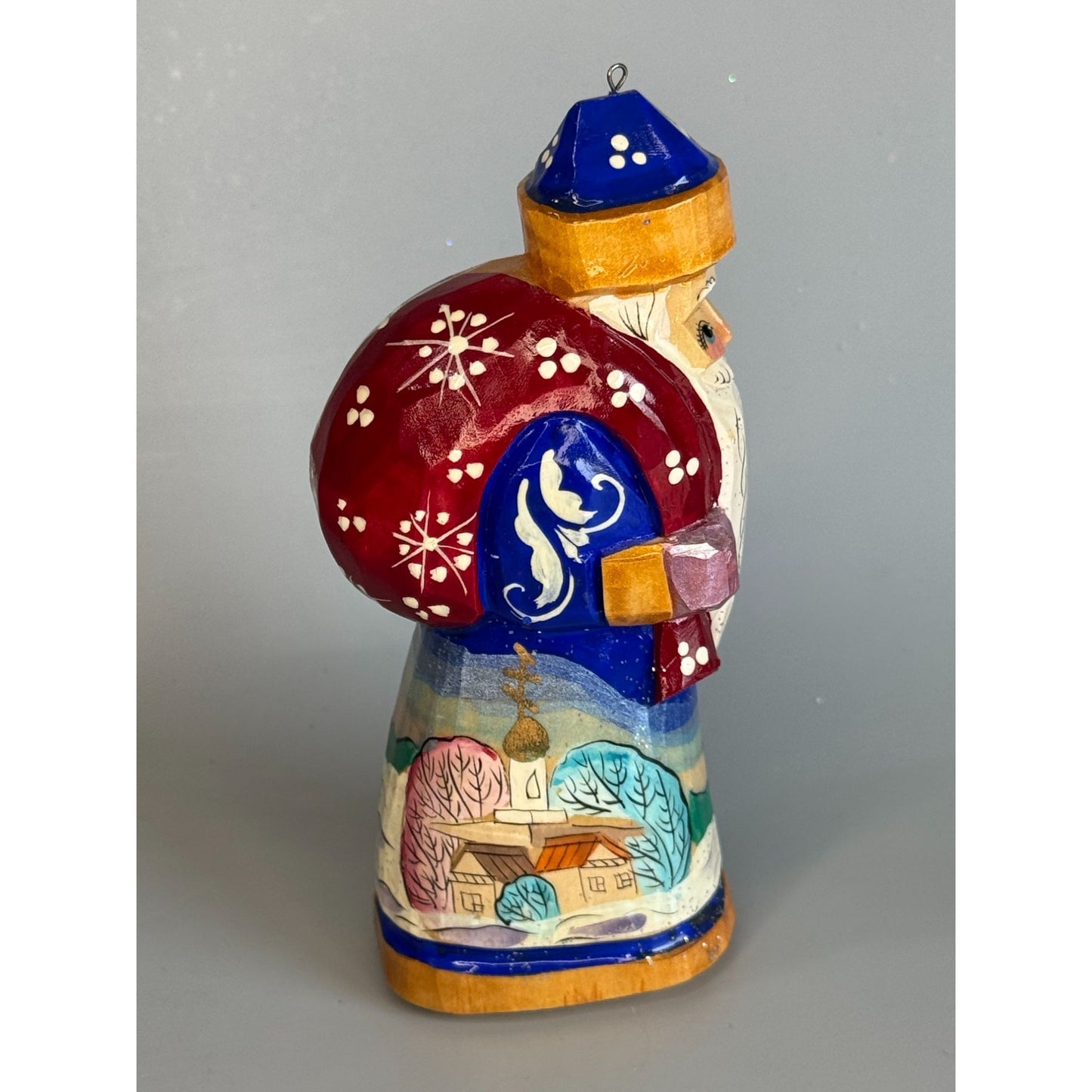 Hand Carved Russian Ded Moroz Father Frost Santa Ornament Signed 4 1/2"