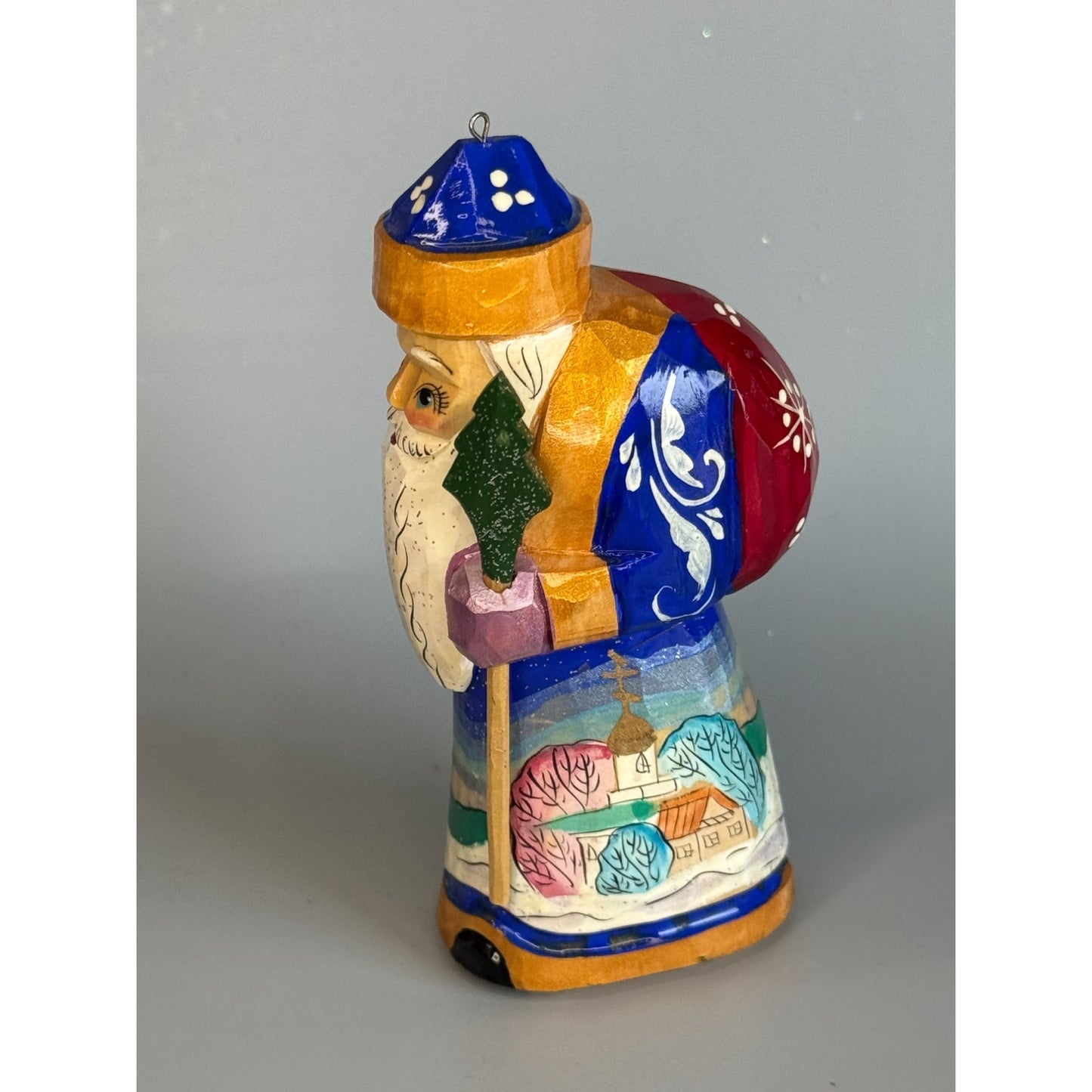 Hand Carved Russian Ded Moroz Father Frost Santa Ornament Signed 4 1/2"