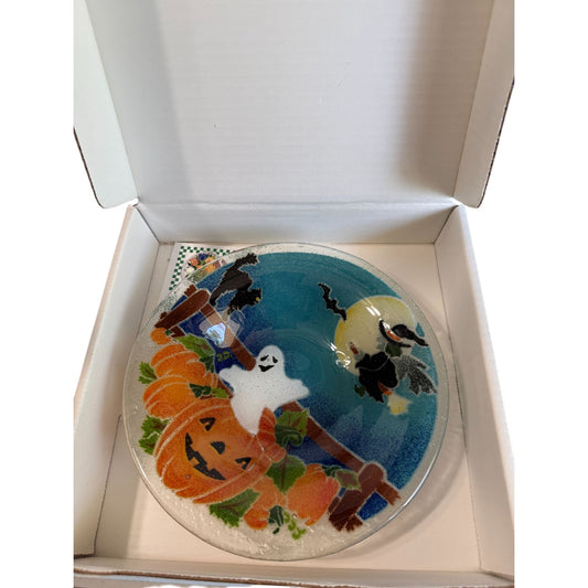 Peggy Karr Fused Glass 8.25" Halloween Bowl With Ghost Witch Pumpkin Design